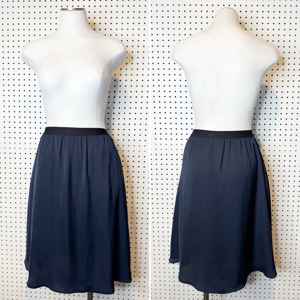 Catwalk Junkie | Navy Blue Silky Midi Skirt, Pockets, Black Elastic Waistband‎